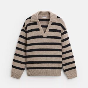 Zara V-Neck Striped Tan and Black Sweater